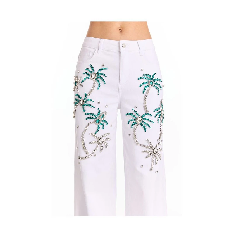 The Noli Shop Women's Crystal Palm High Rise Jean - White