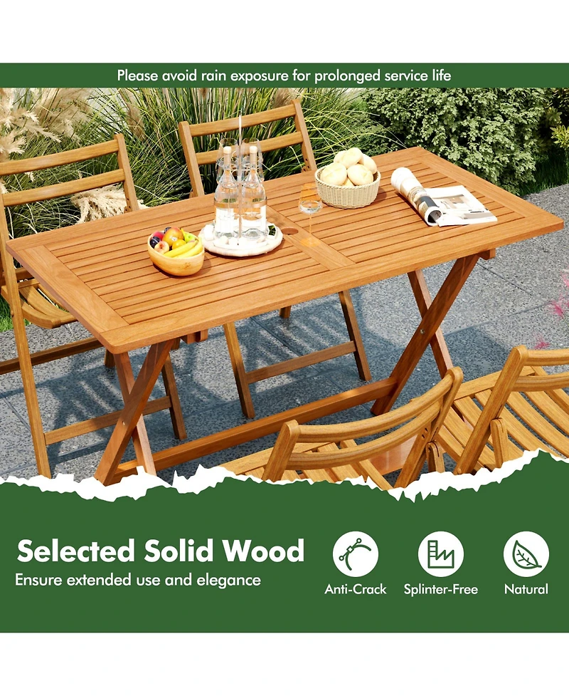 Gymax 54.5'' x 27.5'' Patio Dining Table w/ Teak Painting 2'' Umbrella Hole for Balcony
