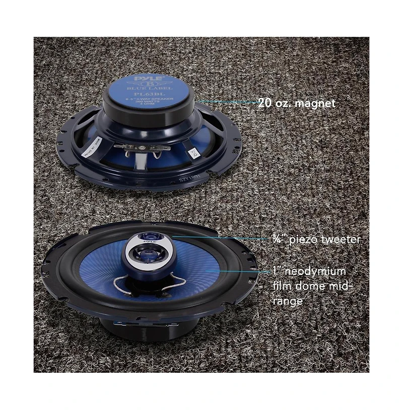 Pyle 6.5" Three-Way Sound Speaker System 180W Rms 360W Power Handling 4 Ohm Impedance for Car Audio PL63BL Blue