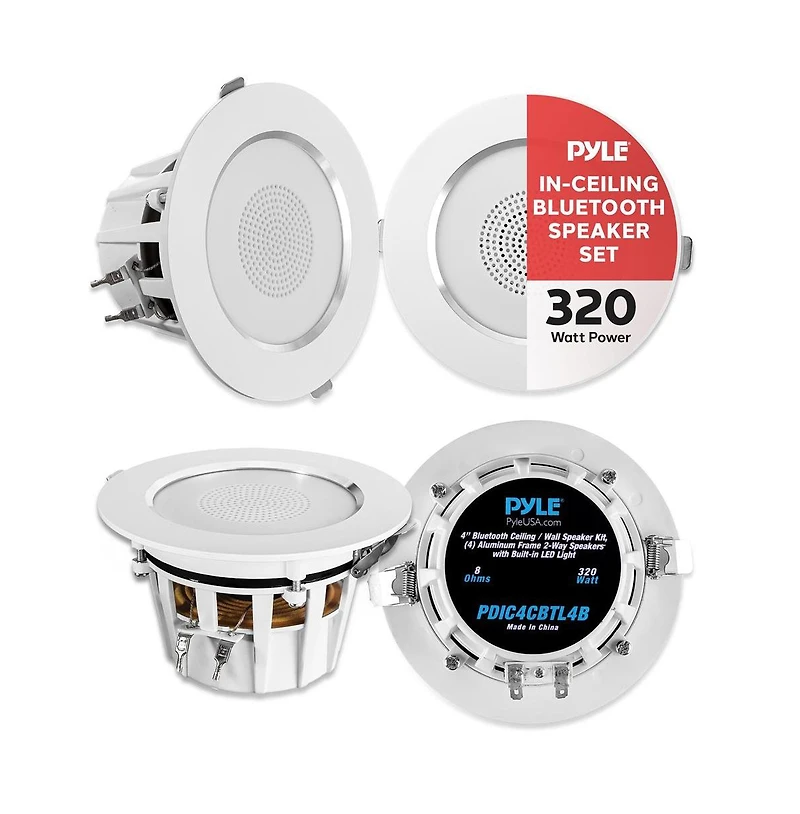 Pyle 4 Bluetooth Ceiling / Wall Speaker Kit - (4) Aluminum Frame 2-Way Speakers with Built-in Led Lights