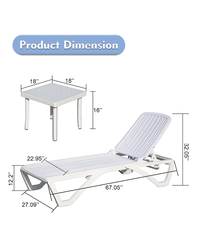 Outdoor Chaise Lounge, Pool Lounge Chair Plastic Adjustable Recliner in-Pool Lounger Tanning Lounge Chair with Table for in-Pool, Beach, Poolside, Law