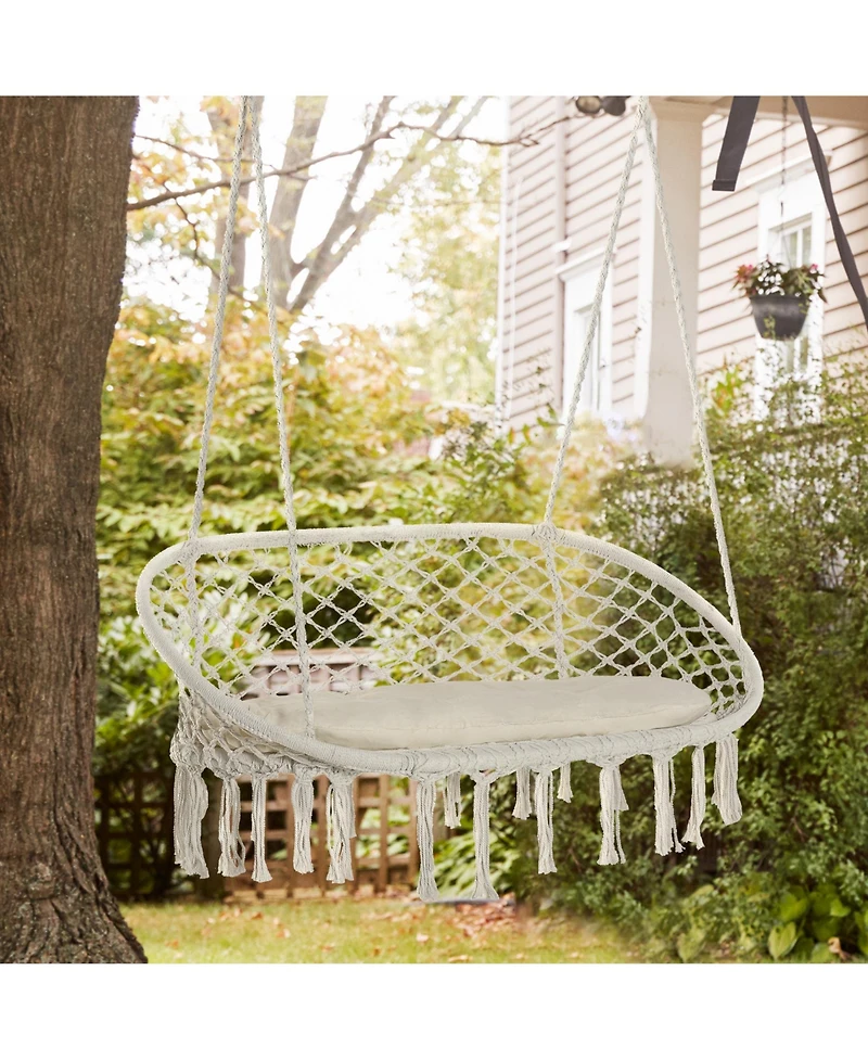 Flynama 2-Person Hammock Chair Macrame Swing with Soft Cushion, Hanging Cotton Rope Chair for Indoor Outdoor Home Patio Backyard, White