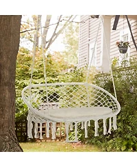 Flynama 2-Person Hammock Chair Macrame Swing with Soft Cushion, Hanging Cotton Rope Chair for Indoor Outdoor Home Patio Backyard, White