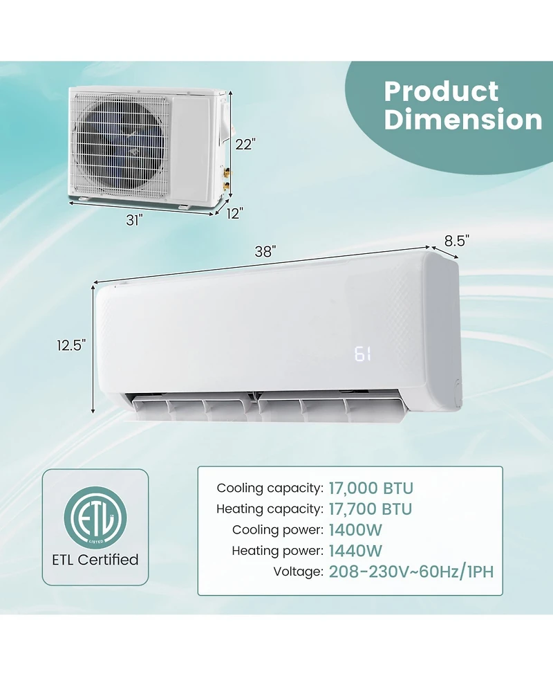 Gymax 17000 Btu Mini Split Air Conditioner 21 SEER2 Ac Unit w/ Heat Pump Energy Star Certified