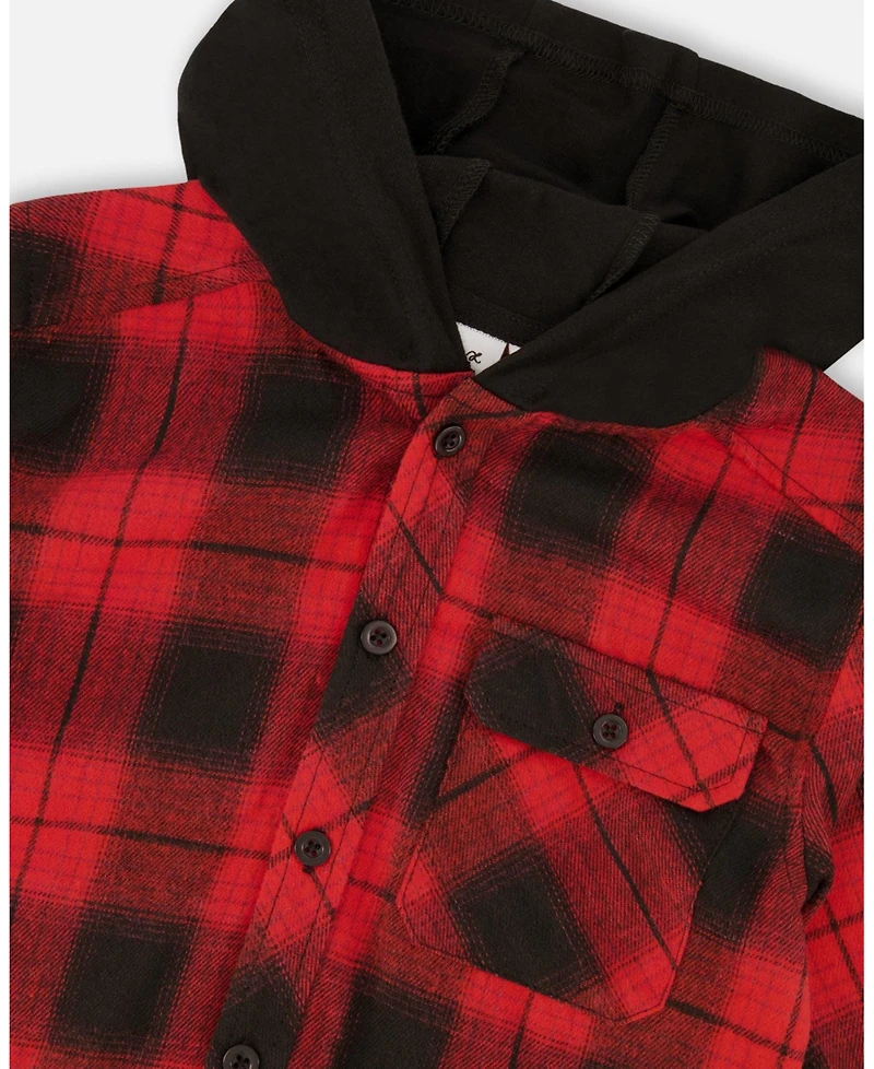 Deux par Baby Boys Plaid Flannel Shirt with Hoodie Red and Black
