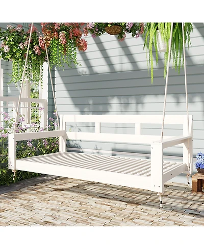 Flynama Patio Wooden Twin Size Porch Swing Daybed Frame, Garden Swing Bench Chair with 4 Hanging Ropes for Backyard,Outdoor,White