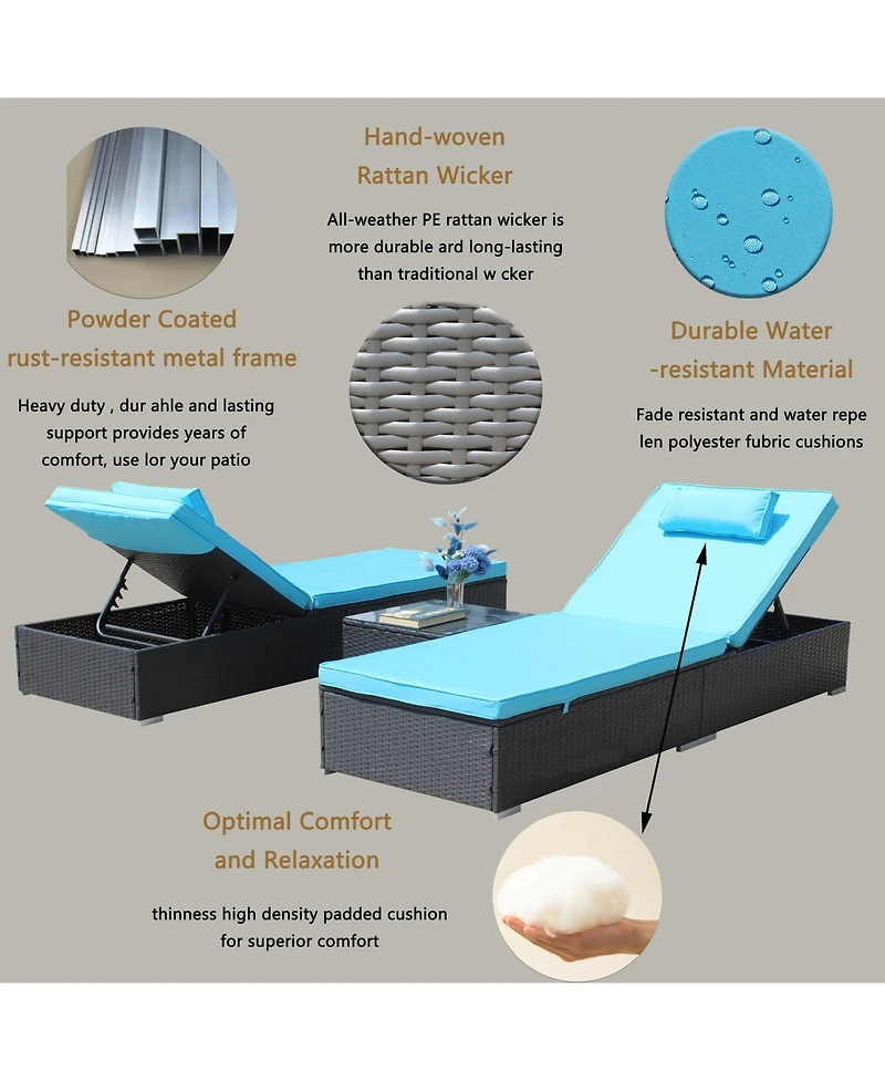 Flynama 3-Piece Outdoor Patio Furniture Set Chaise Lounge, Patio Reclining Rattan Lounge Chair Chaise Couch Cushioned with Glass Coffee Table