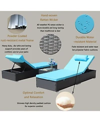Flynama 3-Piece Outdoor Patio Furniture Set Chaise Lounge, Patio Reclining Rattan Lounge Chair Chaise Couch Cushioned with Glass Coffee Table