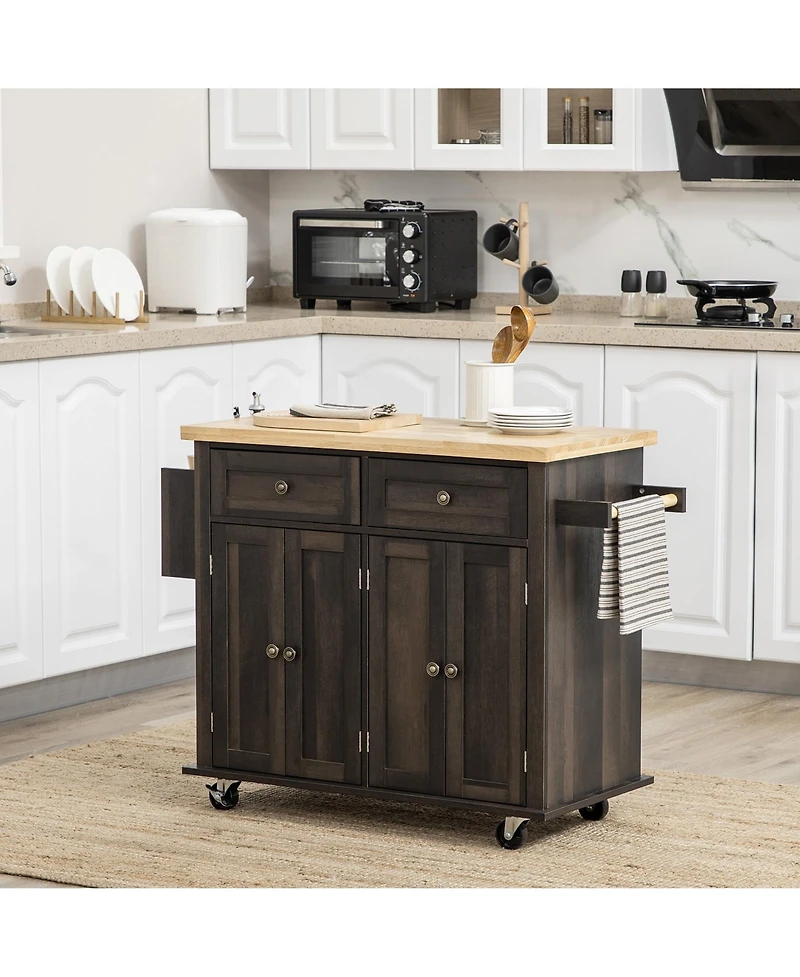 Halifax North America Brown Oak Kitchen Trolley: Rolling Cart with Rubberwood Top & Racks