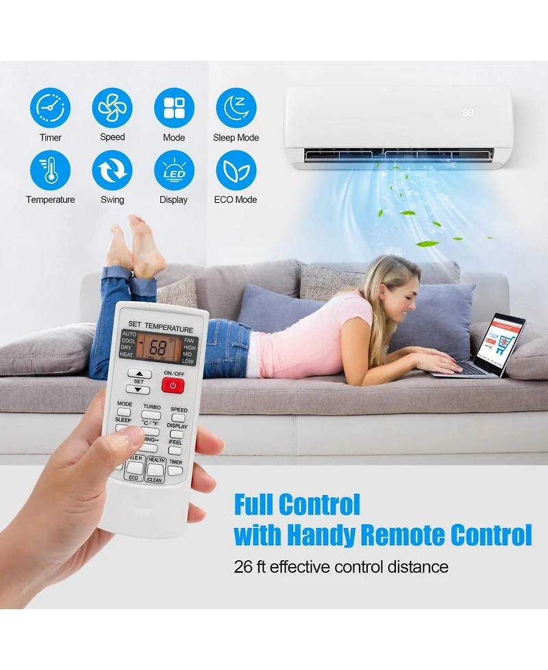 Gymax 9000BTU Mini Split Air Conditioner & Heater 19 SEER2 115V Wall Mount Ac Unit