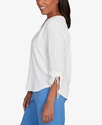 Alfred Dunner Women's Tie Sleeve Crinkle Textured Henley Top