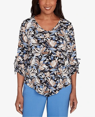 Alfred Dunner Women's Tie Sleeve Brushstroke Floral Knit Top