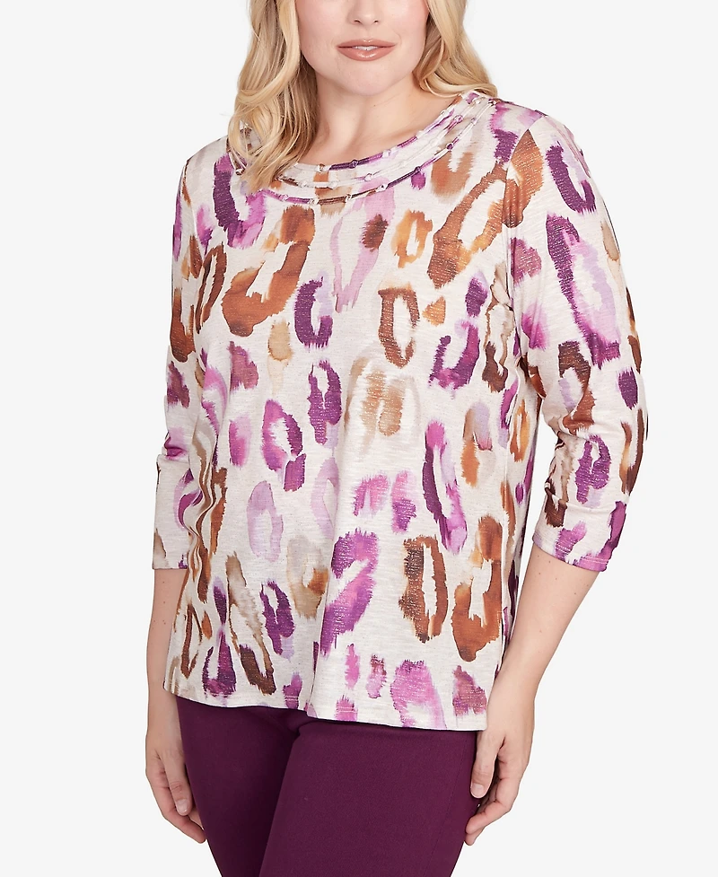 Alfred Dunner Women's Urban Legend Dramatic Animal Three Quarter Sleeve Top