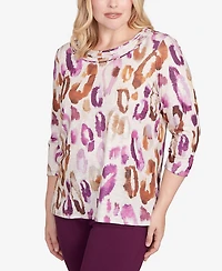 Alfred Dunner Women's Urban Legend Dramatic Animal Three Quarter Sleeve Top