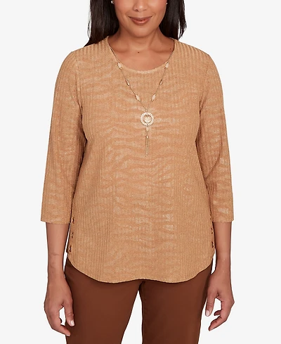Alfred Dunner Women's Mount Laurel Shimmer Animal Jacquard Top with Necklace