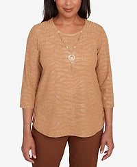 Alfred Dunner Women's Mount Laurel Shimmer Animal Jacquard Top with Necklace
