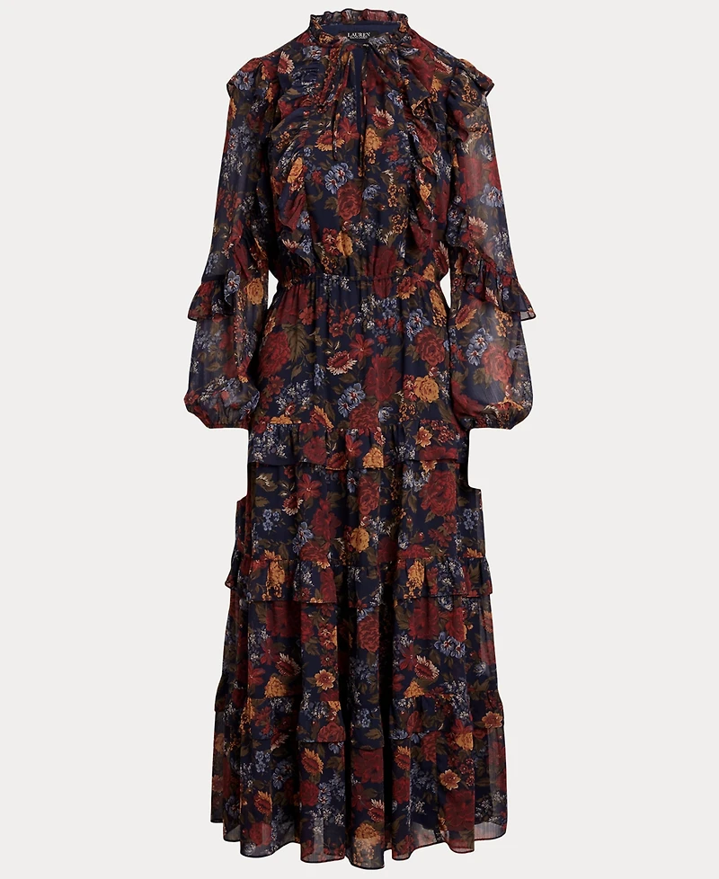 Lauren Ralph Women's Floral Crinkle Georgette Tiered Dress
