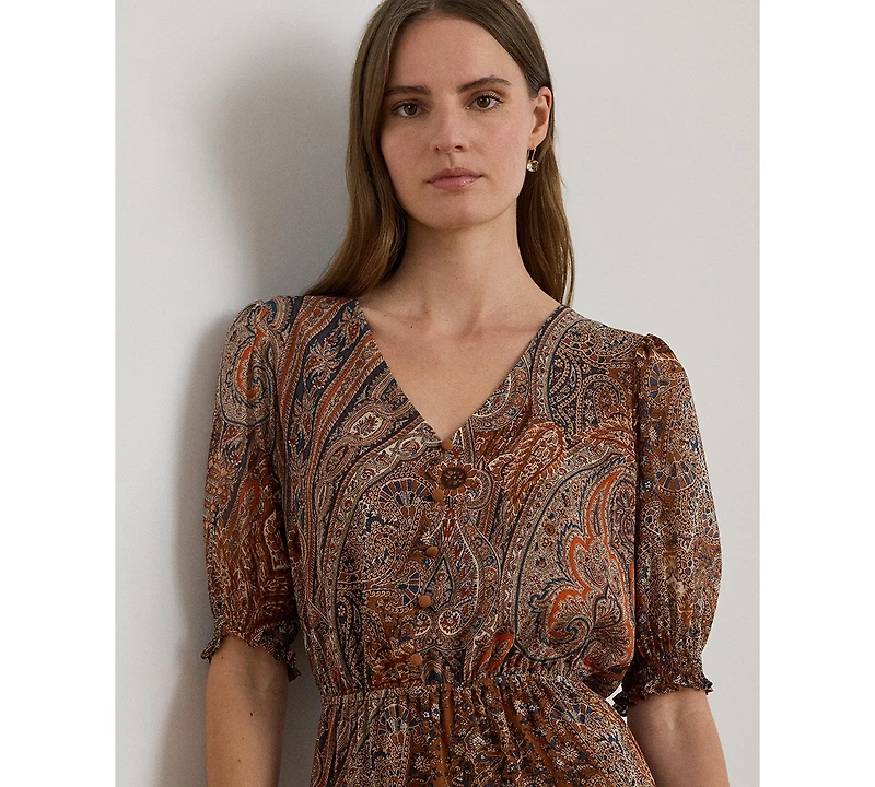 Lauren Ralph Women's Crinkle 58-Jeho Puffed Sleeve Georgette Dress