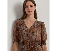 Lauren Ralph Women's Crinkle 58-Jeho Puffed Sleeve Georgette Dress