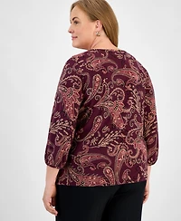 Jones New York Plus Paisley Puff-Sleeve Crewneck Top