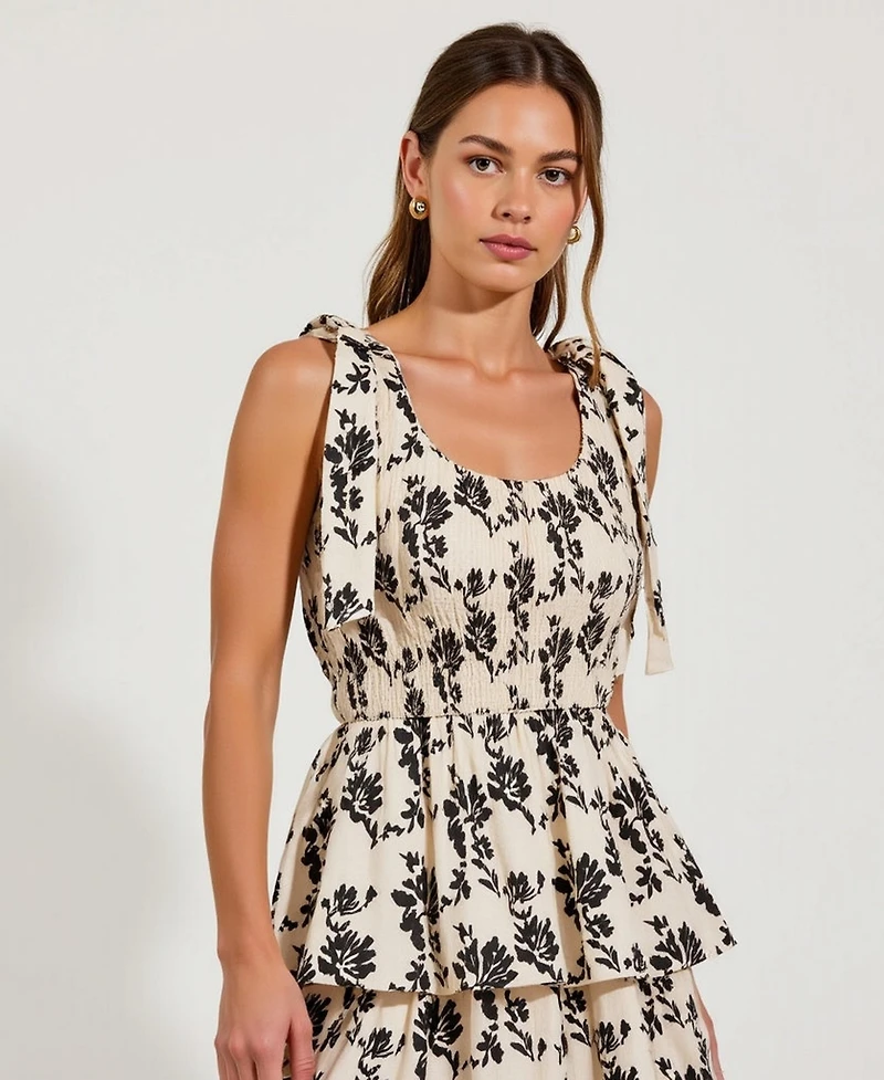 Modenaire Women's Smocked Tiered Bow-Tie Straps Floral Midi Dress