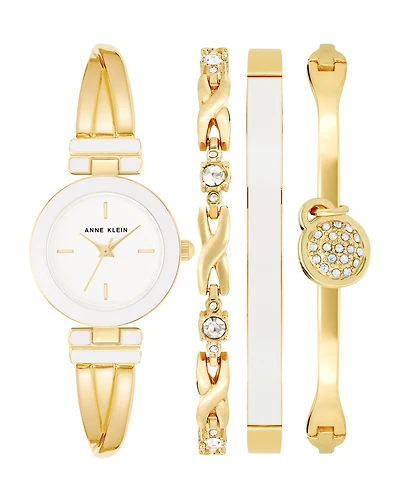Anne Klein Women's Quartz White and Gold-Tone Metal Alloy Bangle Watch Set, 25mm