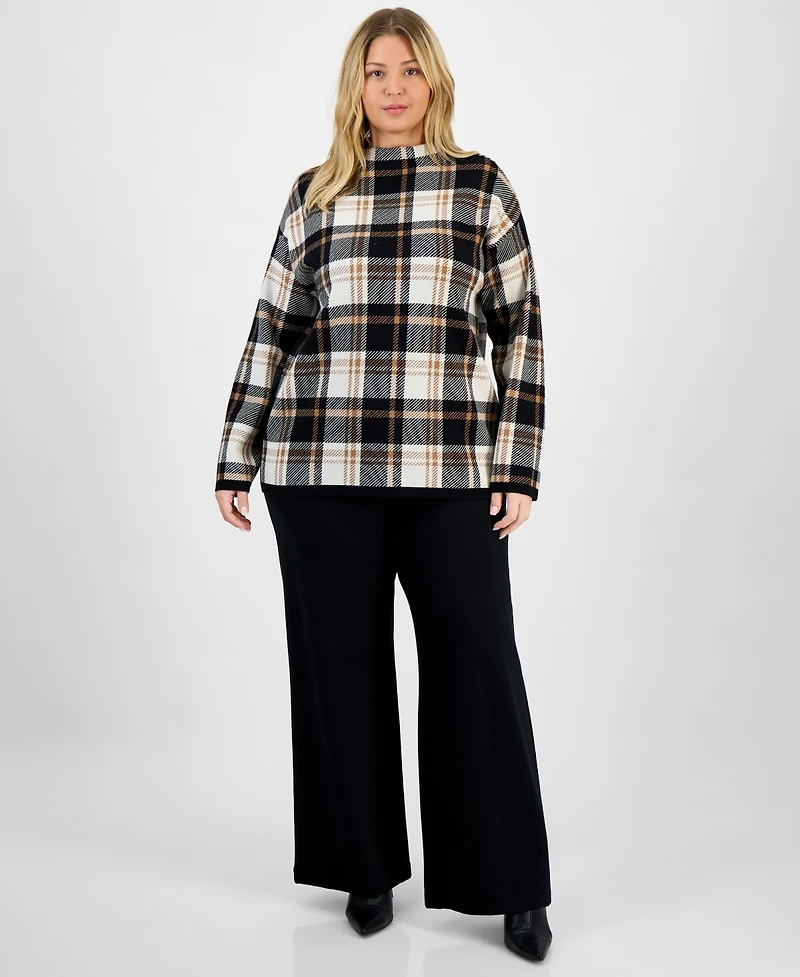 Jones New York Plus Plaid Funnel-Neck Long-Sleeve Top