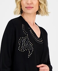 Kasper Women's Stud-Embellished Kissing-Front Long-Sleeve Cardigan