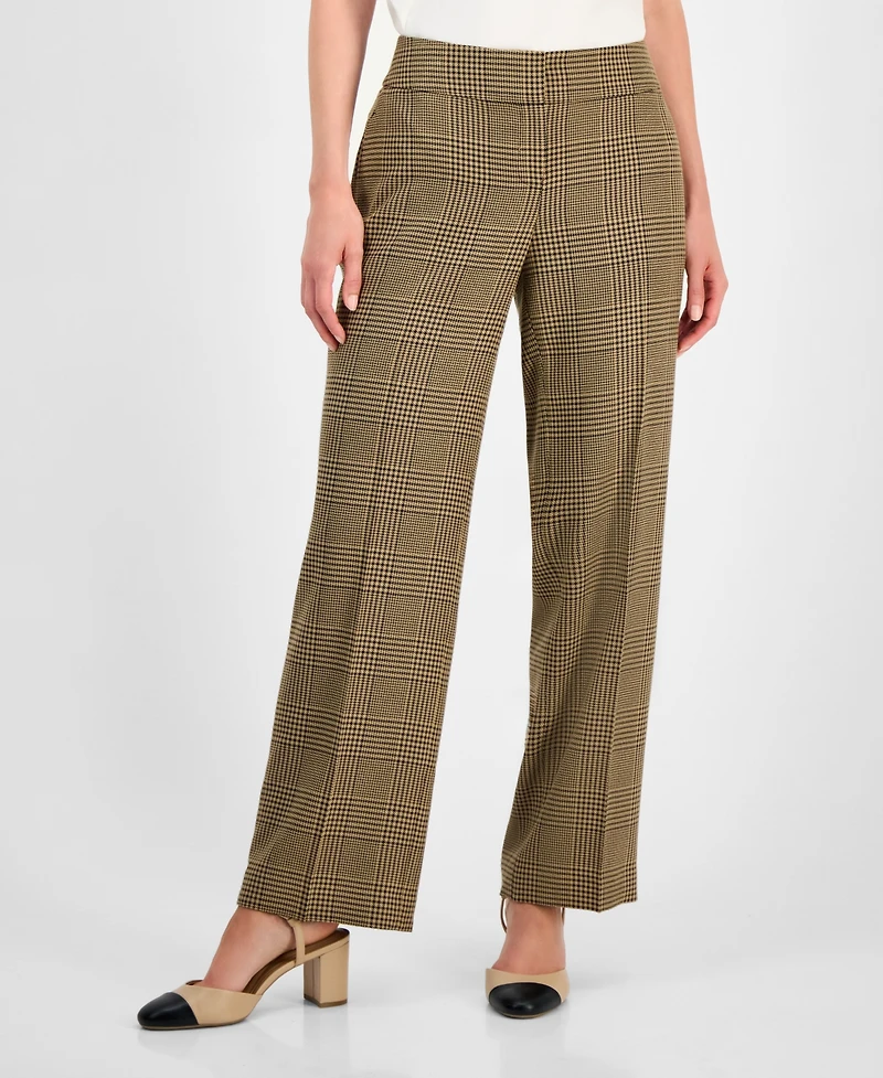 Kasper Plaid Check Mid-Rise Straight-Leg Pants, Regular & Petites