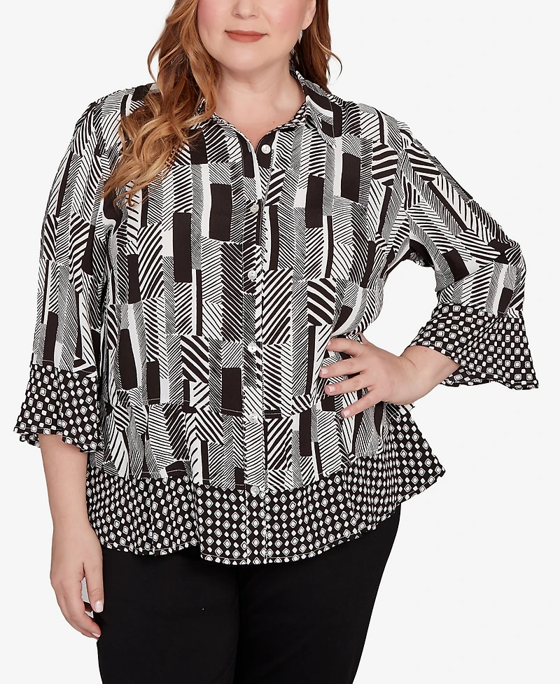 Alfred Dunner Plus As Usual Woven Zebra Button Front Top