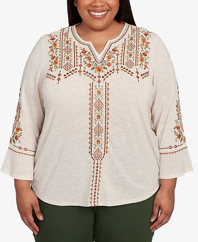 Alfred Dunner Plus Mount Laurel Geometric Floral Embroidery Printed Top