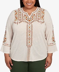 Alfred Dunner Plus Mount Laurel Geometric Floral Embroidery Printed Top