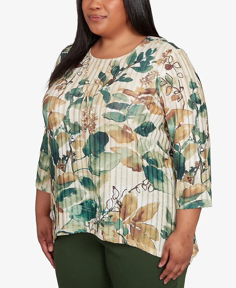 Alfred Dunner Plus Mount Laurel Abstract Leaf Sharkbite Hem Pull On Top with Necklace