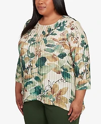 Alfred Dunner Plus Mount Laurel Abstract Leaf Sharkbite Hem Pull On Top with Necklace