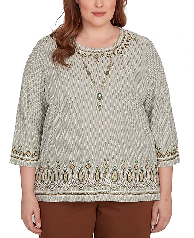 Alfred Dunner Plus Mount Laurel Textured Medallion Bordered Top with Necklace