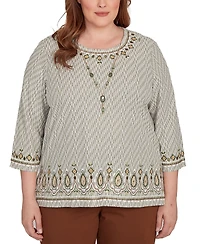 Alfred Dunner Plus Mount Laurel Textured Medallion Bordered Top with Necklace
