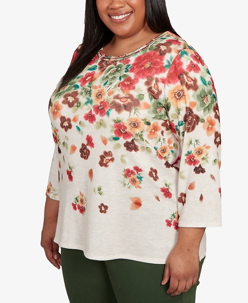 Alfred Dunner Plus Mount Laurel Floral Detailed Neck Top