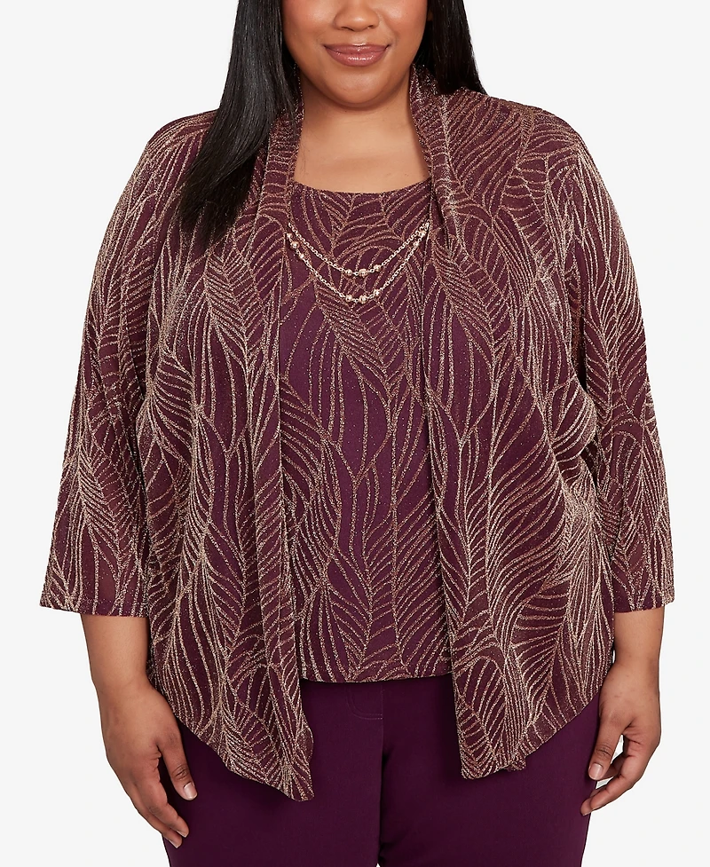 Alfred Dunner Plus Urban Legend Glitter Leaf Two One Pull On Top with Necklace