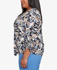 Alfred Dunner Plus As Usual Tie Sleeve Brushstroke Floral Knit Top