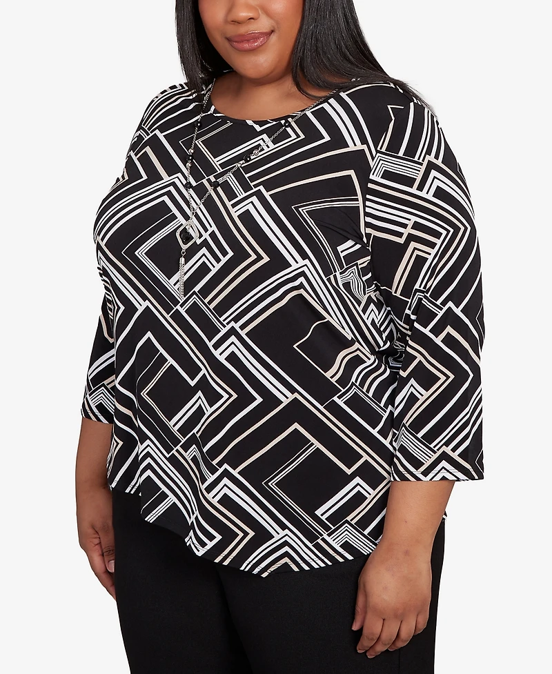 Alfred Dunner Plus As Usual Geometric Textured Top with Necklace