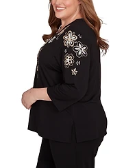 Alfred Dunner Plus As Usual Gold Floral Embroidered Three Quarter Sleeve Top