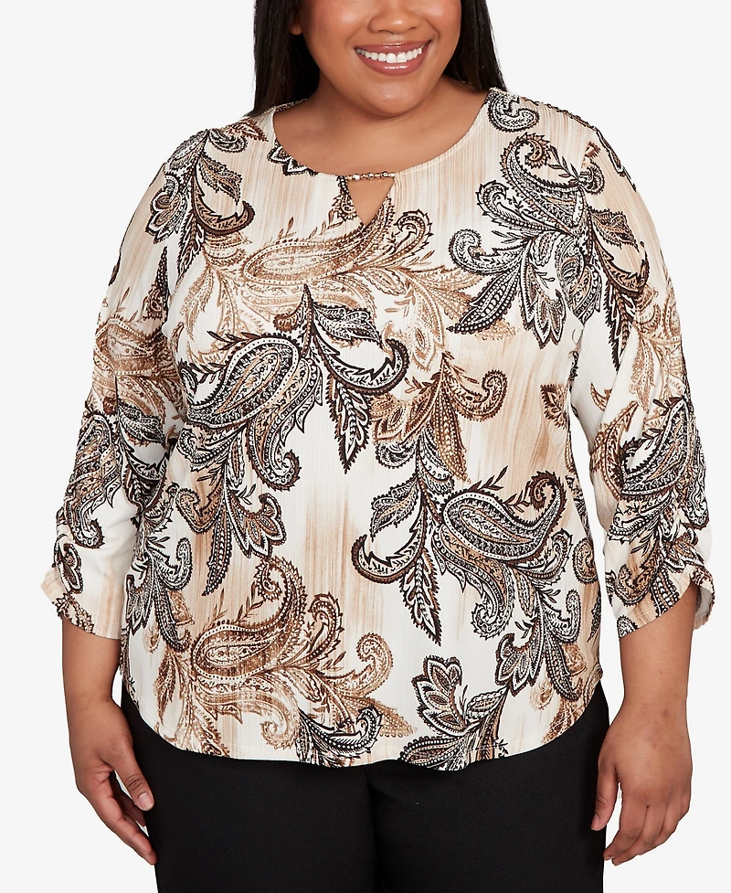 Alfred Dunner Plus Textured Paisley Ruched Sleeve Top