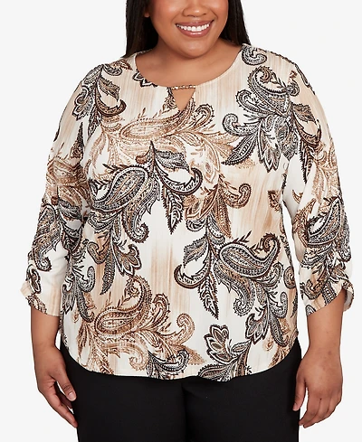 Alfred Dunner Plus Textured Paisley Ruched Sleeve Top