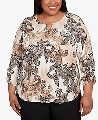 Alfred Dunner Plus Textured Paisley Ruched Sleeve Top