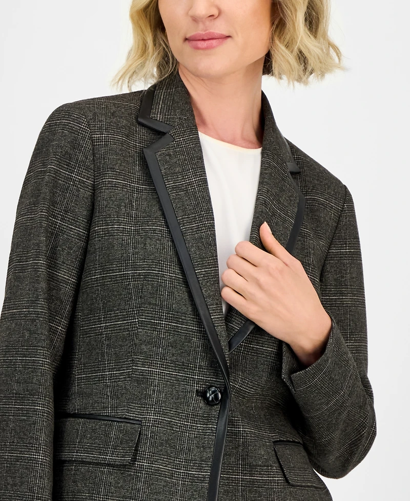 Kasper Plaid One-Button Faux-Leather Jacket, Regular & Petites