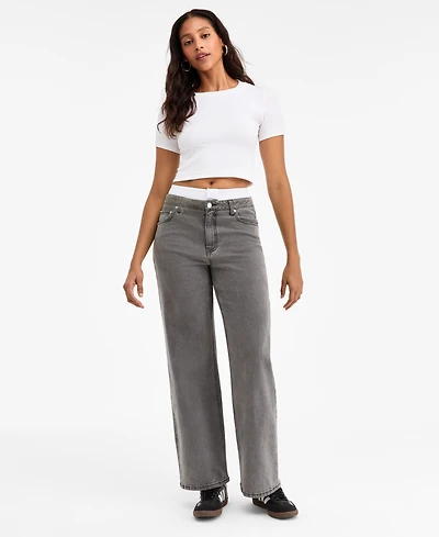Bar Iii Women's Contrast-Waist Wide-Leg Jeans, Macy's Exclusive