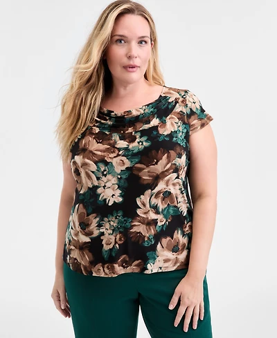 Kasper Plus Printed Cowlneck Blouse