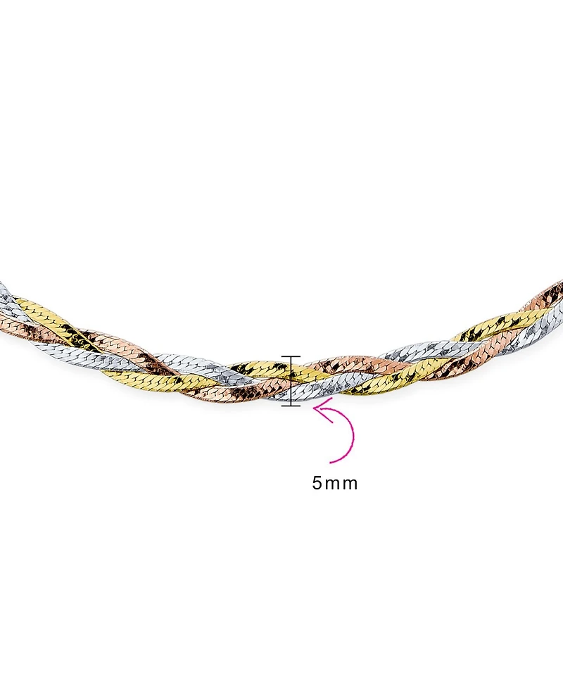 Bling Jewelry Flat Yellow Rose Gold Overlay Sterling Silver 5MM Twist 3 Tri Tone Herringbone Braided Magic Snake Chain Necklace