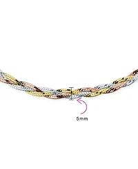 Bling Jewelry Flat Yellow Rose Gold Overlay Sterling Silver 5MM Twist 3 Tri Tone Herringbone Braided Magic Snake Chain Necklace