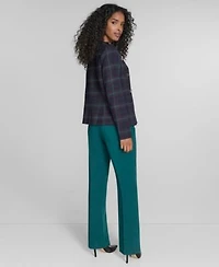 Tommy Hilfiger Womens Windowpane Open Front Band Jacket Ruffled Mixed Media Top Solid Sutton Bootcut Trousers